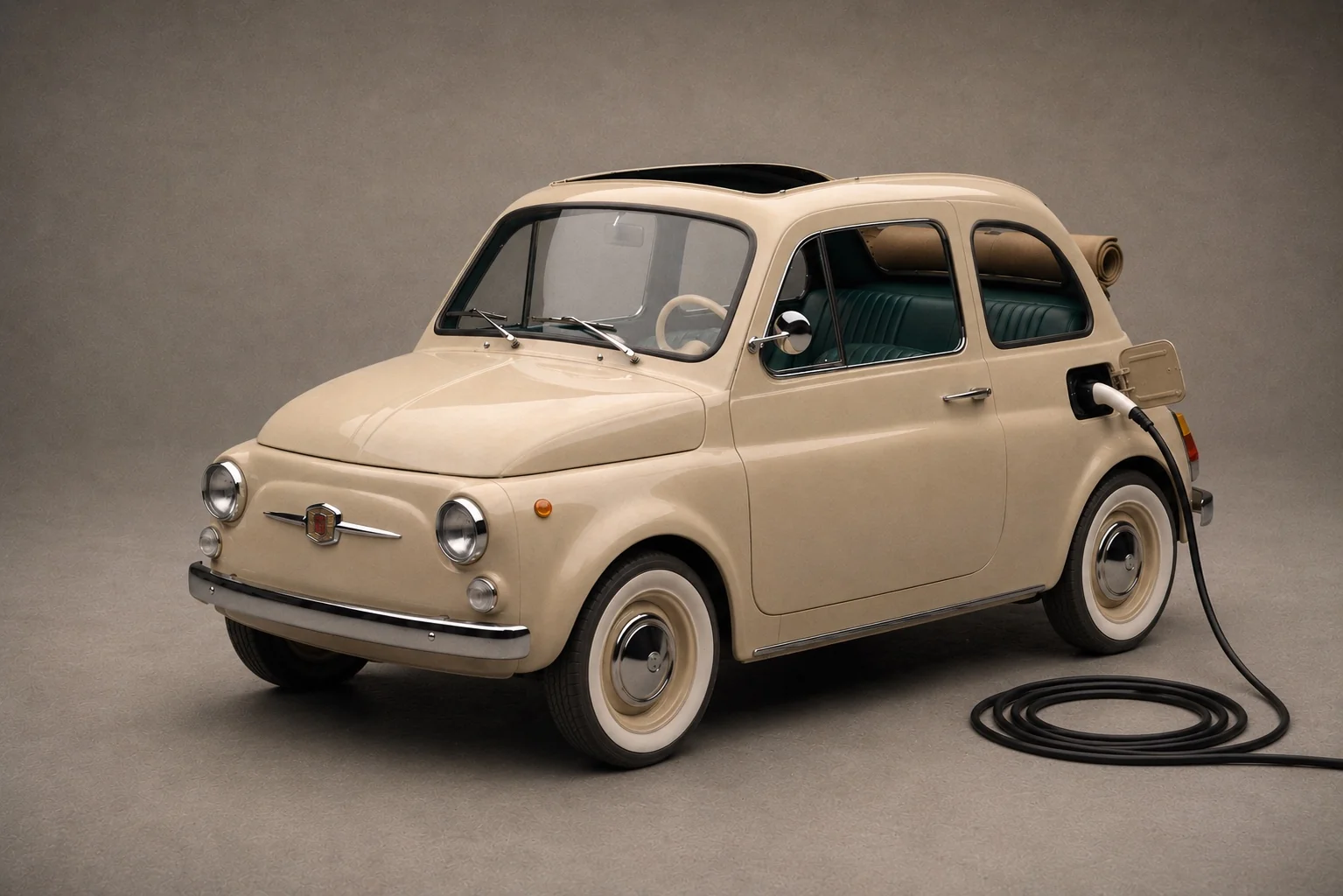 Ivory Rivivente Fiat 500 charging in a studio, viewed from the front three-quarter angle.