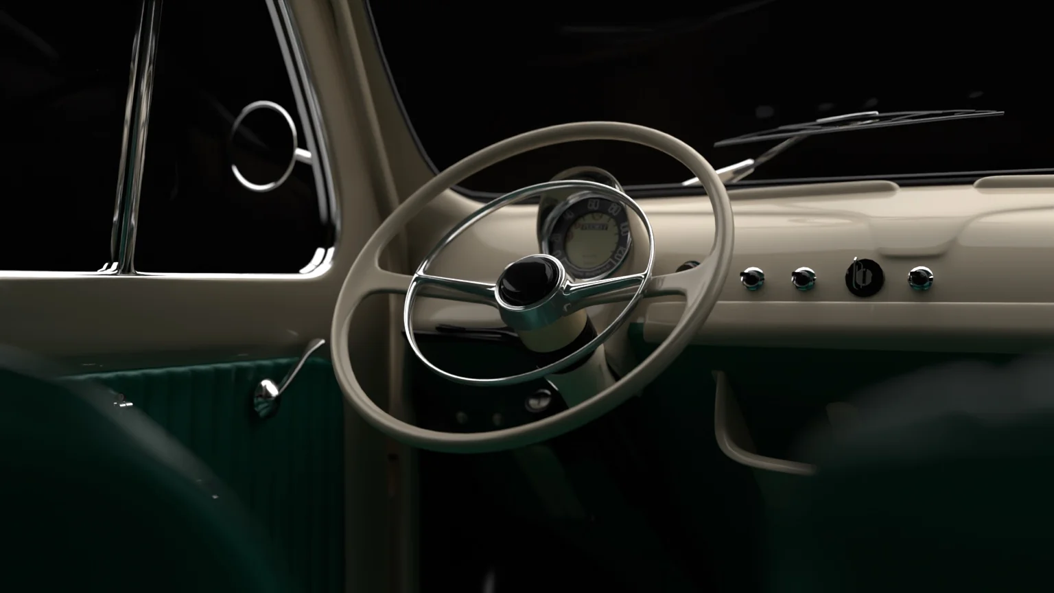 Ivory and deep green Rivivente interior with its original-style steering wheel, analog speedometer, and discreet dashboard controls.