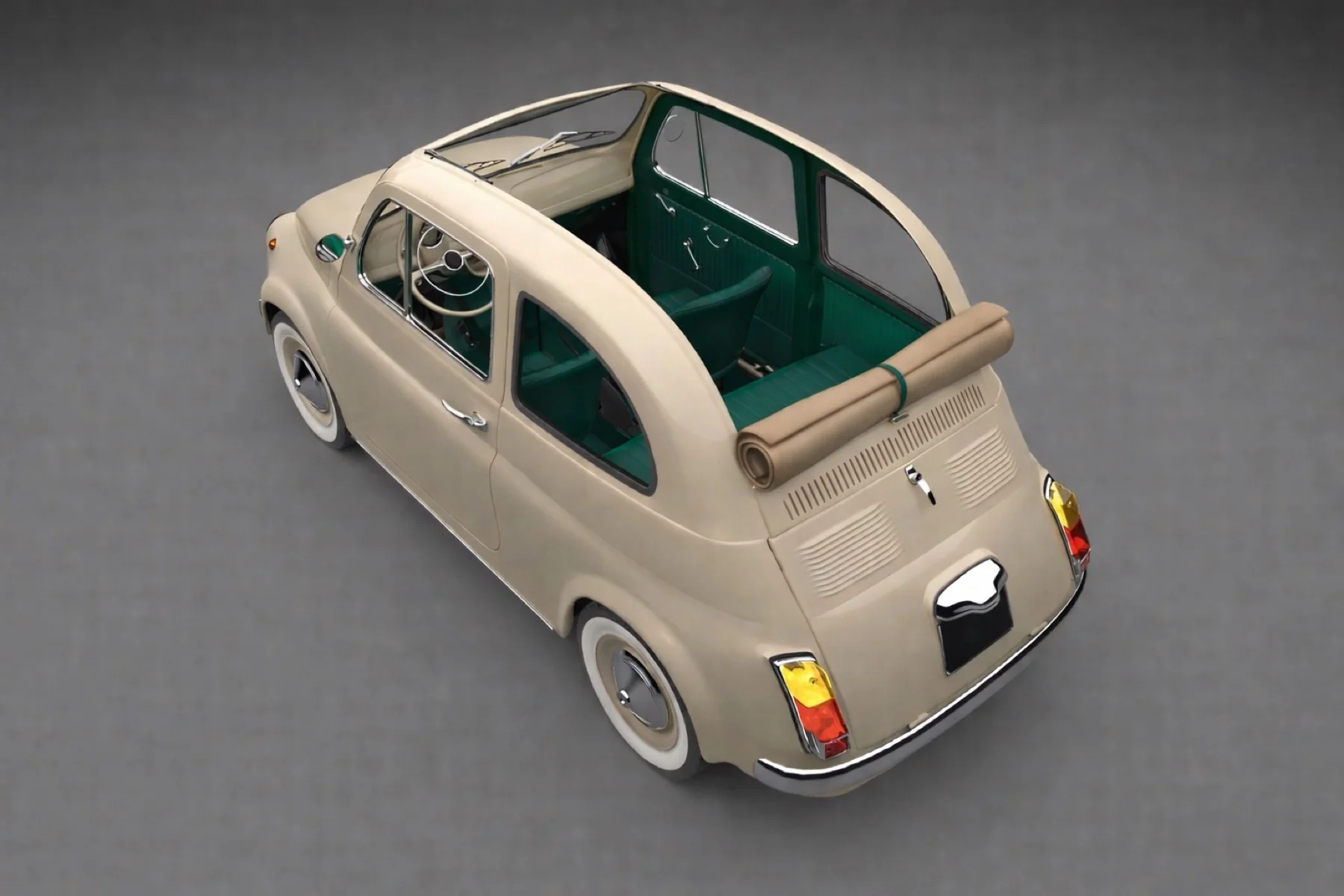 Ivory Rivivente Fiat 500 in a studio, viewed from the rear three-quarter angle.
